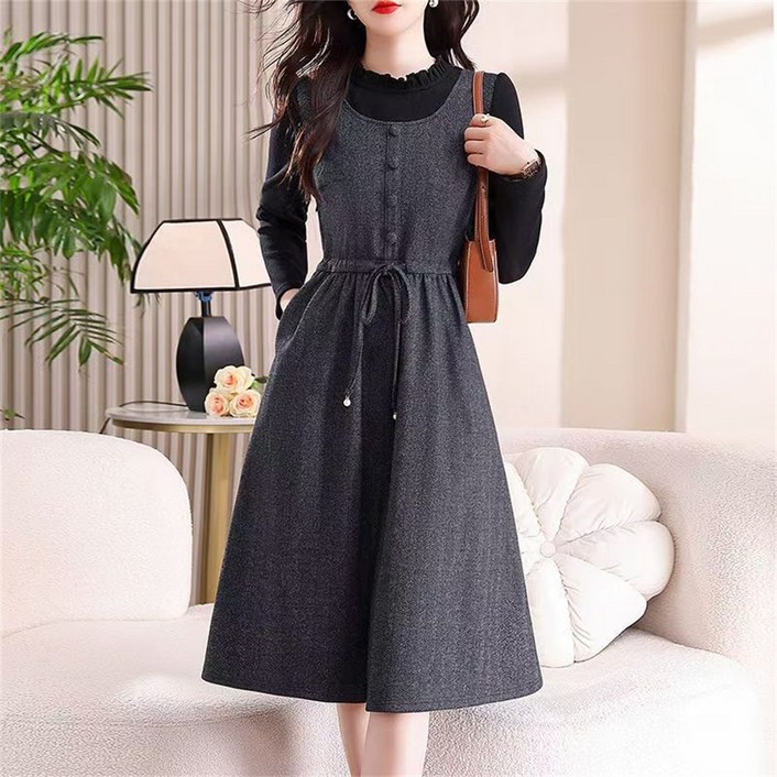TKX 여성 고급 프릴 라운드넥 원피스 가을 겨울 복고풍 우아한 스타일 허리 스트링 장식 KS39