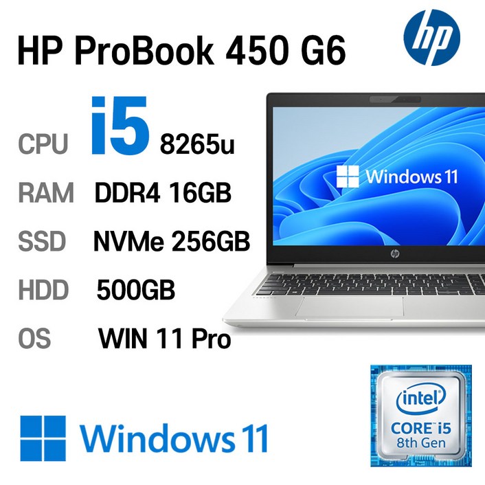 HP ProBook 450 G6 i5-8265U Intel 8세대 Core i5-8265U 가성비 좋은노트북, 단일색상, ProBook 450 G6, 코어i5 8265U, 256GB, 16GB, WIN11 Pro