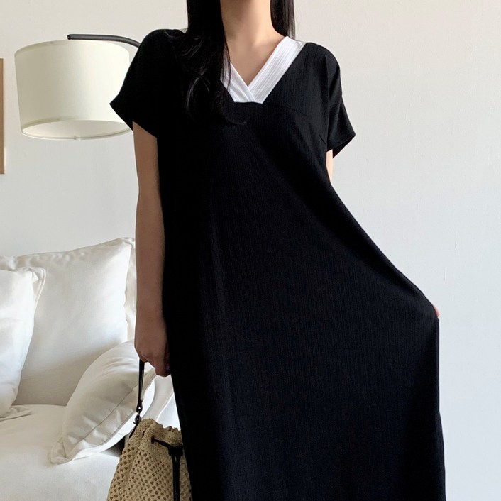 더한땀 빅사이즈 배색 브이넥 여름 원피스