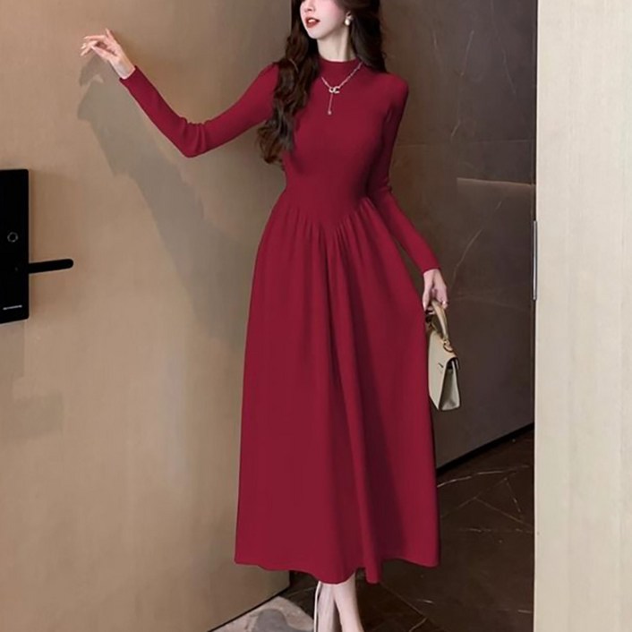 삼제태전 여성 가을 겨울 캐주얼 반하이넥 니트 A라인 롱 원피스 일상 코디용 코트 통근 룩