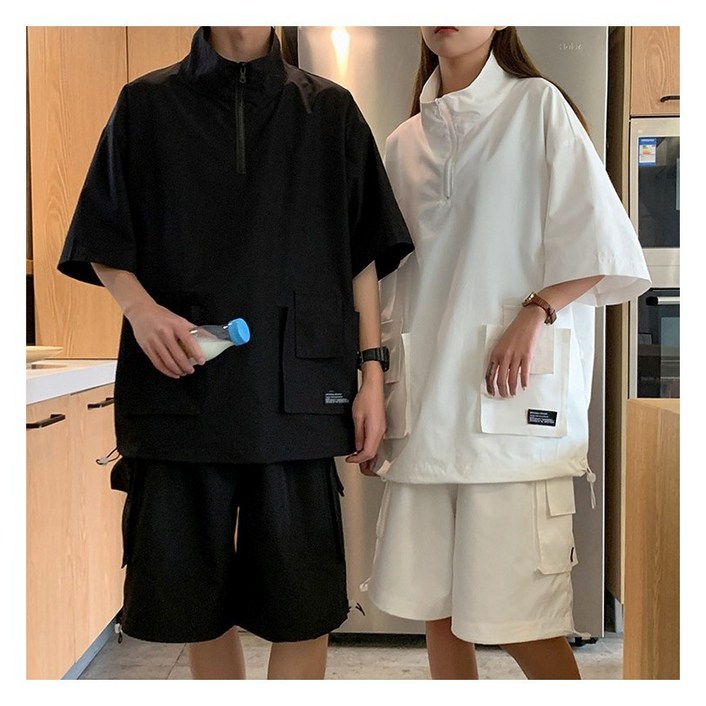 아톰닉 하프 집업 셋업 포켓 반팔 셋업오버핏유틸리티 셋업윈드 반집업 반팔 아노락 세트 여름 트레이닝 셋업 반바지 남여공용 커플룩 시밀러룩