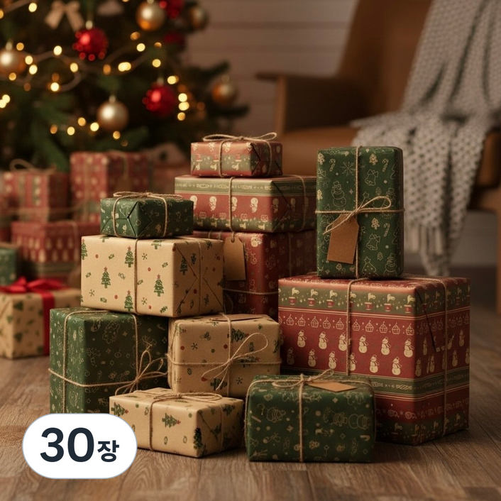 나인밸리 크리스마스 선물 포장지 3종 6매 70x50cm, 30장, 산타A세트