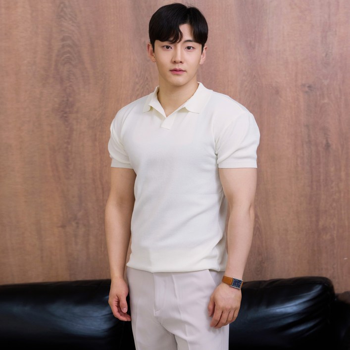 핵쿨남 남성용 아이스쿨링 머슬핏 반팔 오픈 카라 니트