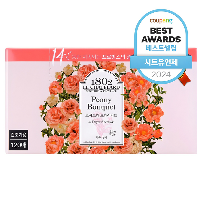 르샤트라1802 건조기용 드라이 시트 섬유유연제 피오니부케 본품, 120개입, 1개 르샤트라1802 건조기용 드라이 시트 섬유유연제 피오니부케 본품, 120개입, 1개