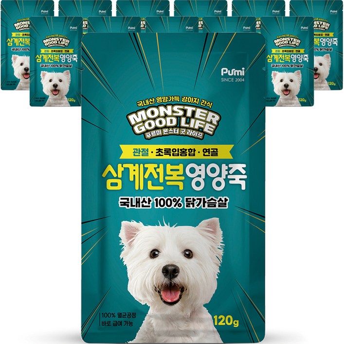 푸르미 몬스터 굿 라이프 강아지 영양죽 파우치, 삼계전복, 120g, 12개 푸르미 몬스터 굿 라이프 강아지 영양죽 파우치, 삼계전복, 120g, 12개