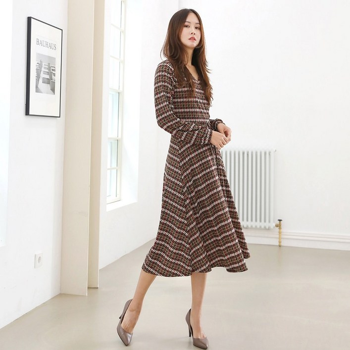 프롬코 여성용 지오메트릭 프린트 긴팔 랩 셔링 롱 원피스 FRC86