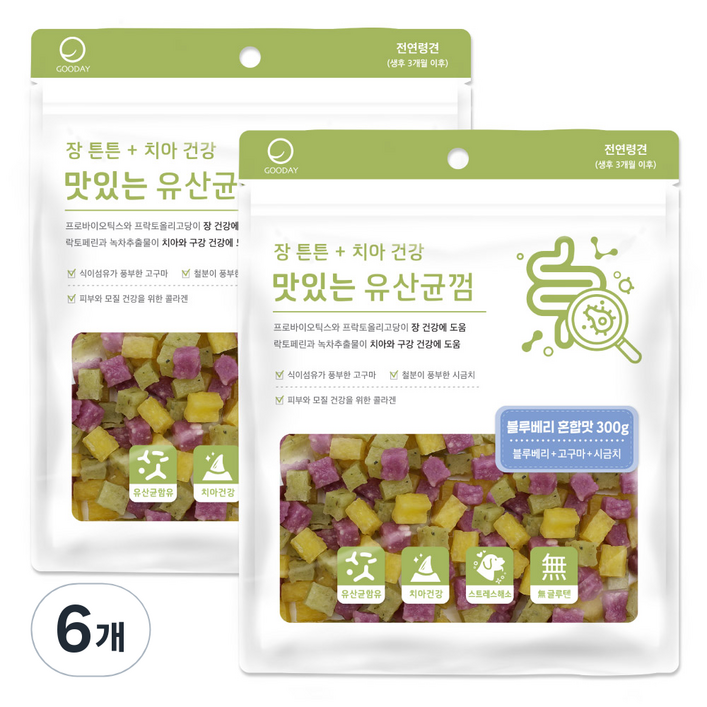 굿데이 맛있는 유산균껌 반려동물 간식, 블루베리 혼합맛, 300g, 6개