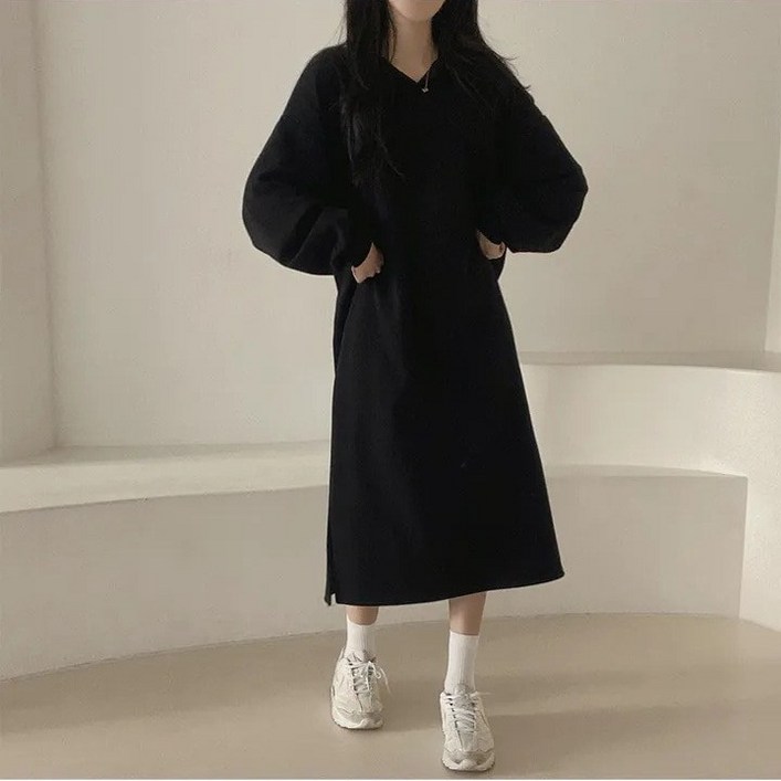 아이엠몽 여성용 샤네스 베이직 무지 카라 긴팔 맨투맨 롱 원피스