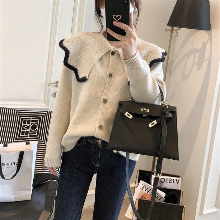 조이 여성 빅카라 단추 니트 가디건