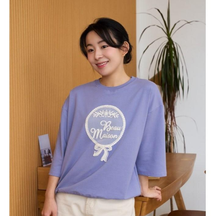 메리브 여성 메베레이스맨투맨 봄여름 꾸안꾸 레이스 자수 5부소매 루즈핏 맨투맨 2color