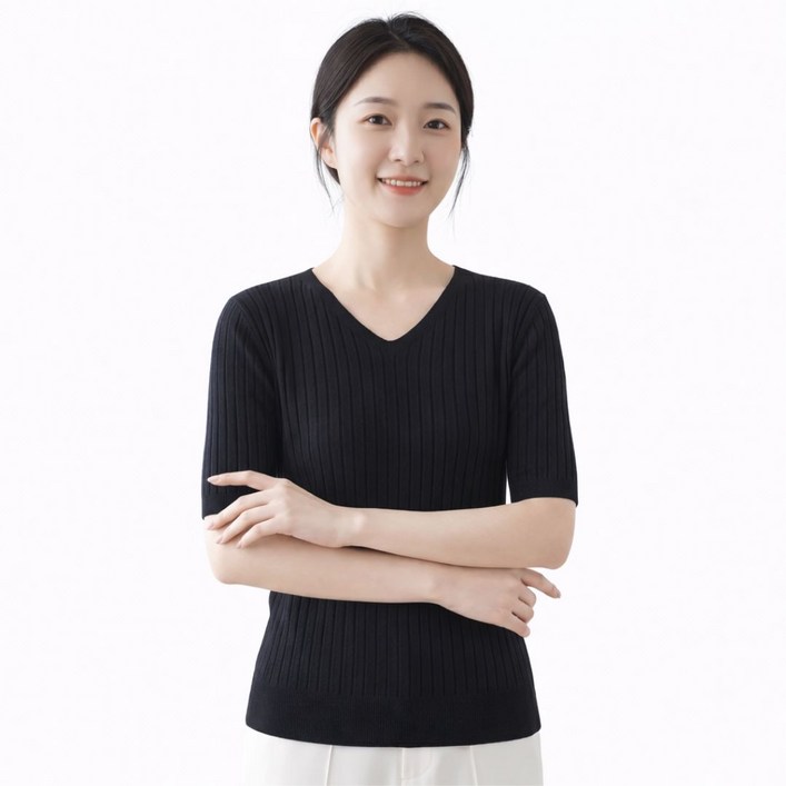 MS HOME 여성 브이넥 반팔 니트 골지 기본 데일리 룩