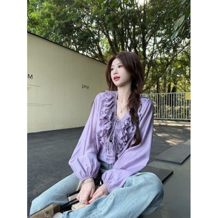 여성 여신룩 벗꽃룩 연보라 퍼플 캉캉 프릴 러플 브이넥 리본 퍼프 블라우스