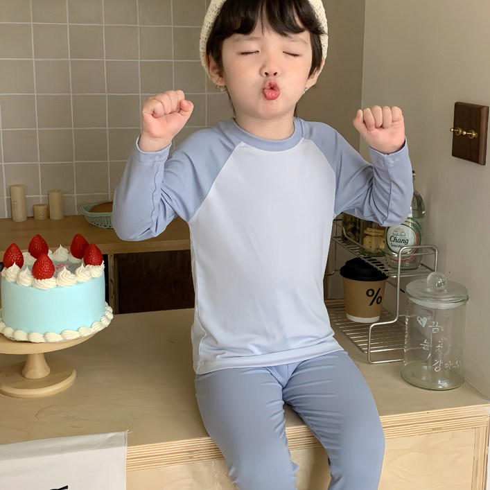 코코몽드 KC인증 아동용 40수 라이오셀 부드러운 면 스판 배색 긴팔 실내복 겸 내의 내복 상하세트 CC092565