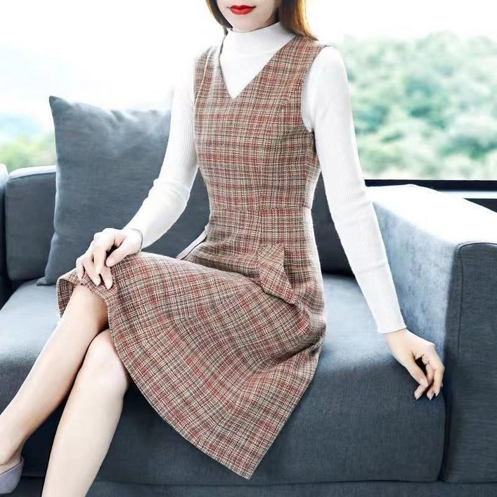 페이준 여성 봄 가을 체크 모직 원피스 민소매 브이넥 세트 II5917