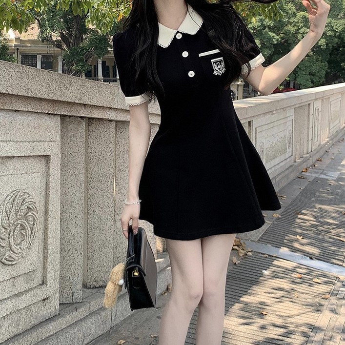 cosmag 여성 여름 캐주얼 데일리 반팔 카라넥 심플 슬림핏 미니원피스