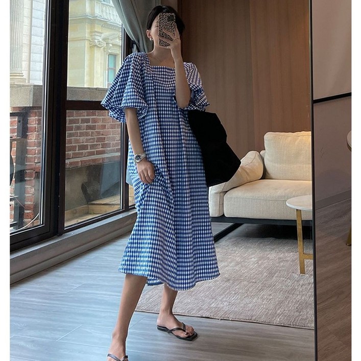 룩엣미 지지미 체크 퍼프소매 스퀘어넥 롱 원피스