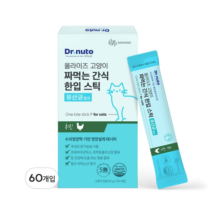닥터뉴토 고양이 짜먹는 간식 한입 스틱 (유산균 장건강, 헤어볼 케어에 도움) 20개입, 10g, 60개, 유산균 치킨