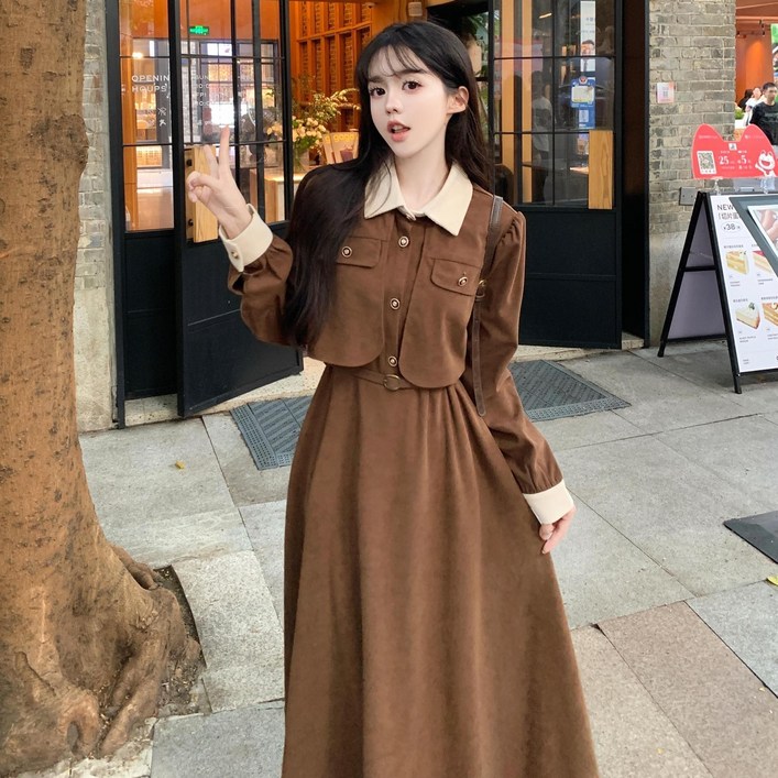 POMTOR  봄 가을 원피스 허리를 잡아주어 날씬해 보이는 원피스 롱원피스