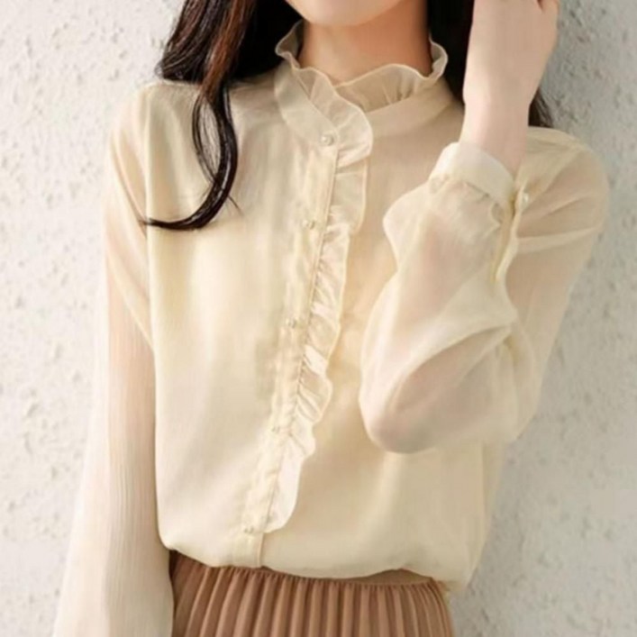 긴팔 쉬폰 쉬폰 셔츠 긴팔 여성 블라우스 프릴 차이나 카라 ujd85382pQ