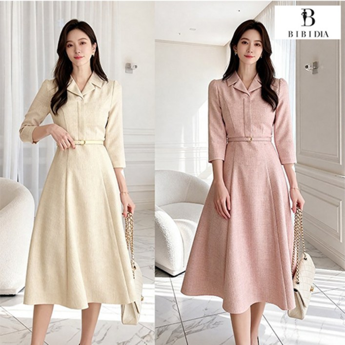 비비디아  여성 원피스 고급원단 슬림핏 하객룩 오피스룩 정장 A라인 롱치마 벨트포함  (S~2XL) 5599