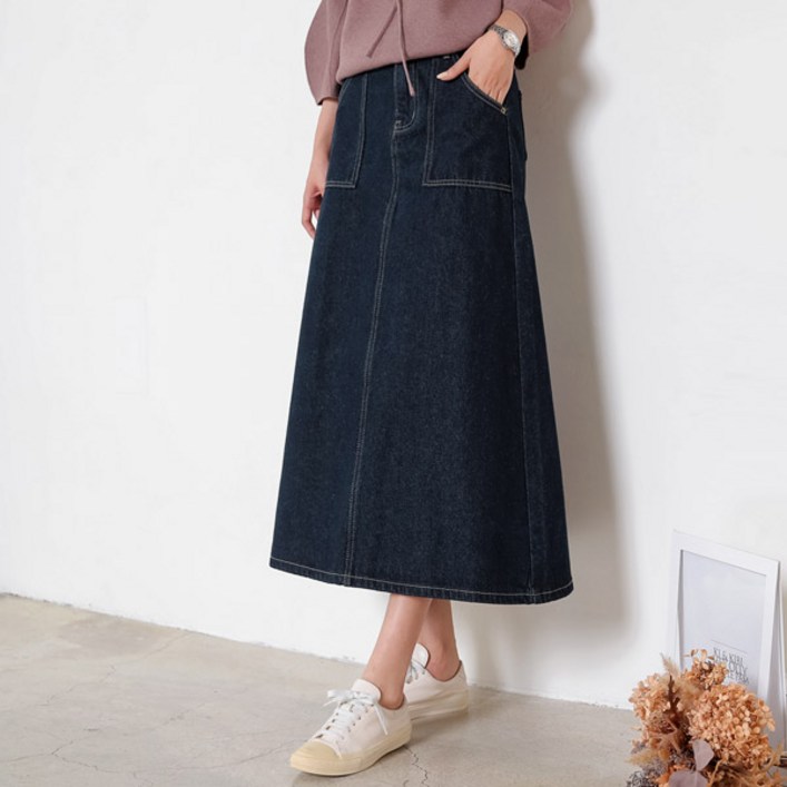 사각아웃포켓 반밴딩 A라인 생지청스커트