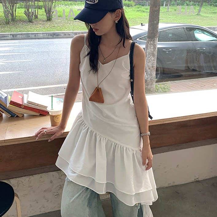 네모엔룩 언밸런스컷 여성용 러플 뷔스티에 레이어드 서스펜더룩 프릴 나일론 민소매 끈나시 미니 원피스