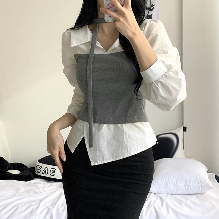 핏강추레이어드2col 리즌 일체형 뷔스티에 니트 셔츠 타이 머플러 세트