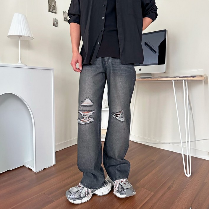 G2K 프리미엄 워싱 와이드 데님 구제팬츠 남자 찢어진 청바지 찢청 디스트로이드진