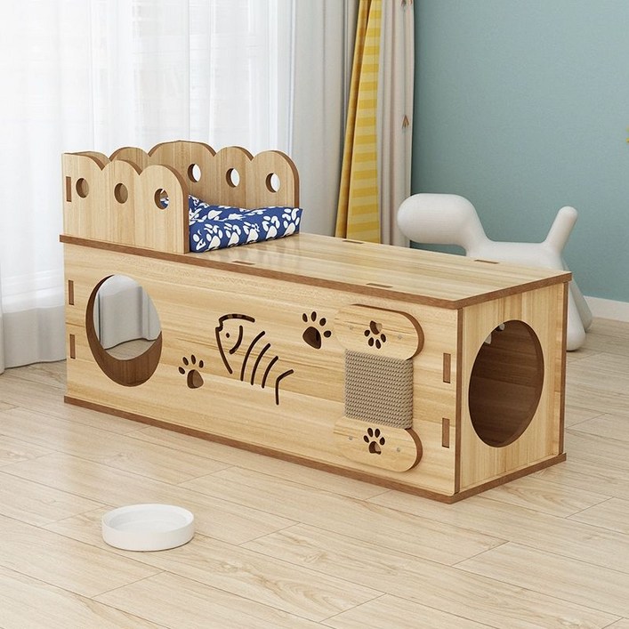 원목터널 연결하우스 스크레쳐 가정용 동굴 고양이 연호두색 중형