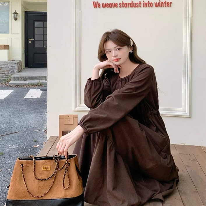 오나스타일 로맨틱 셔링 티어드 롱 원피스 플레어 페미닌원피스