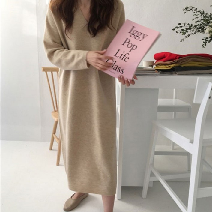 루어스룸 데일리 간절기 여성 루즈핏 브이넥 데일리룩 베이직 빅사이즈 니트 원피스 하객룩 니트원피스