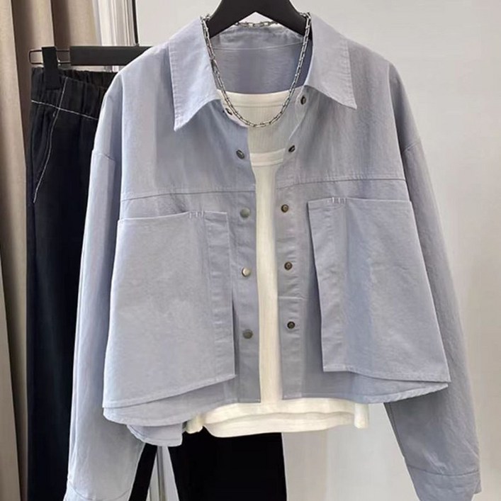 여유핏 간절기 봄 자켓  캐주얼 스타일 숏기장  코튼혼방 셔츠형 긴팔 상의