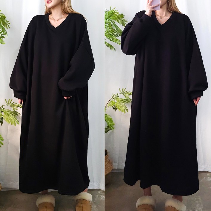 [제니블리] 면/기모선택 솔리드 브이넥 원피스 6XL 2COLOR // 55~99까지 긴팔 빅사이즈 오버사이즈 루즈핏 롱원피스 홈웨어