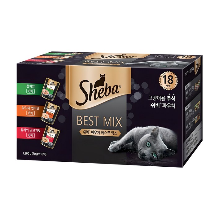 쉬바 12개월 이상 고양이 베스트 믹스 주식파우치 3종 x 6p 세트, 혼합맛, 1.26kg, 1세트 쉬바 12개월 이상 고양이 베스트 믹스 주식파우치 3종 x 6p 세트, 혼합맛, 1.26kg, 1세트