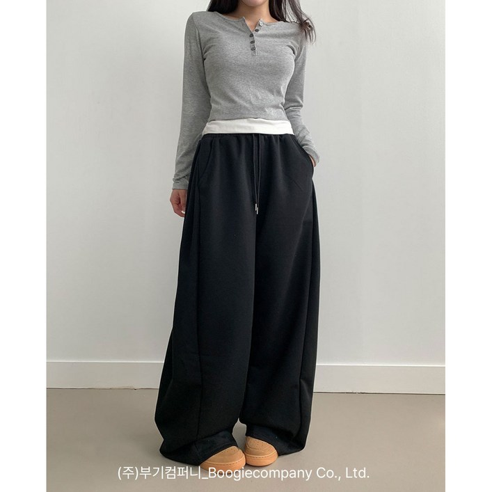 부기샵 군살커버 퍼트 사이드 폴링 핀턱 와이드 트레이닝 롱팬츠숏기장