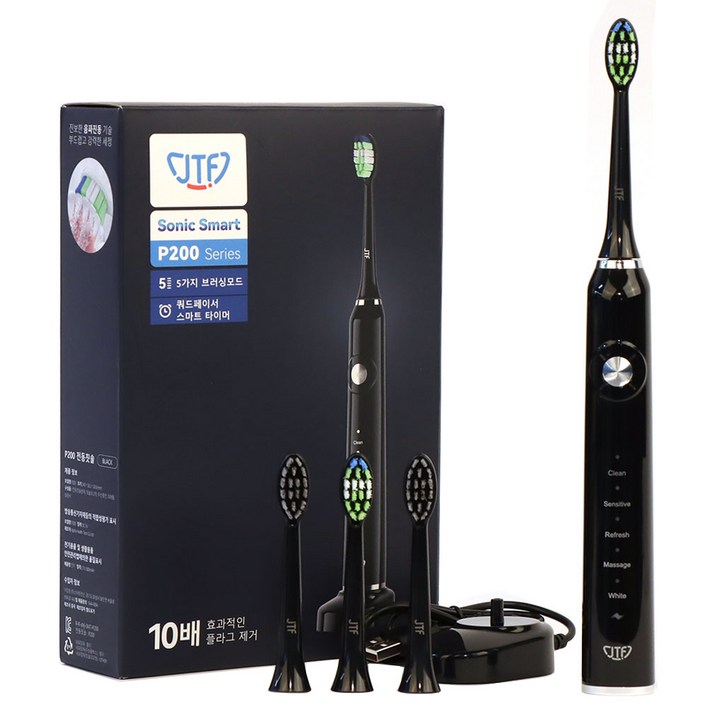 JTF P200 음파 전동 칫솔 무선충전 IPX7 완전방수 5가지 사용자모드, P200 콤보팩