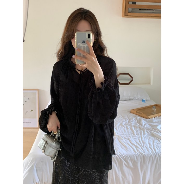 끌레르 프릴 셔링 리본 스트랩 하객룩 루즈핏 롱 블라우스 2color