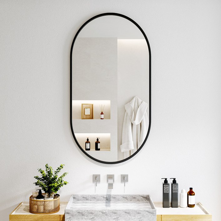 뷰티피크 타원형 벽거울 화장대거울 욕실거울 강화안전유리, 블랙43cm