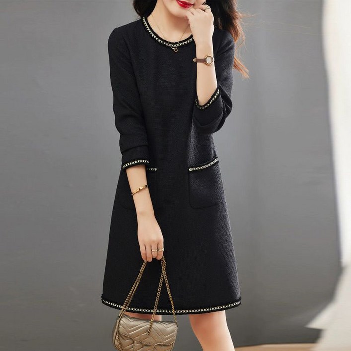 빅사이즈 여성 라운드넥 7부소매 원피스 루즈핏 미디 스커트 루즈핏 하객 원피스