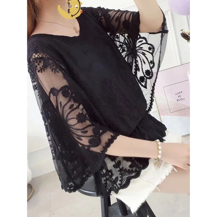 COSYEVNO 여성 봄여름 빅사이즈 레이스셔츠 가오리핏 빈티지 순면 자수 상의 루즈핏 라운드넥 중소매