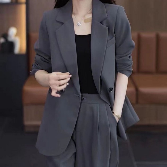 8xl까지 빅사이즈 여성 정장세트 캐주얼 클래식 순색 양복세트 투버튼 긴팔 정장코트+와이드 팬츠 투피스 순색 상하세트
