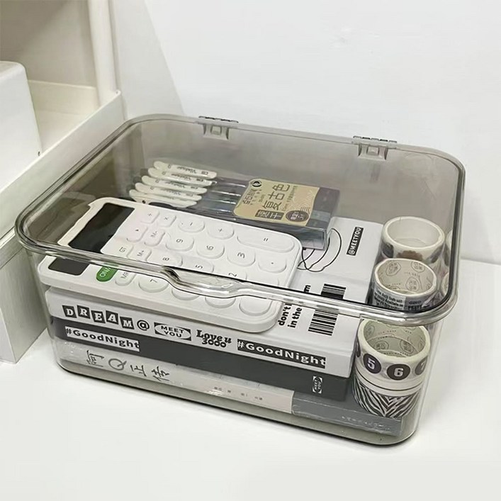 클린 다용도 보관함 덮개형 투명 정리 수납 옷장 책상정리, 1개, 투명그레이