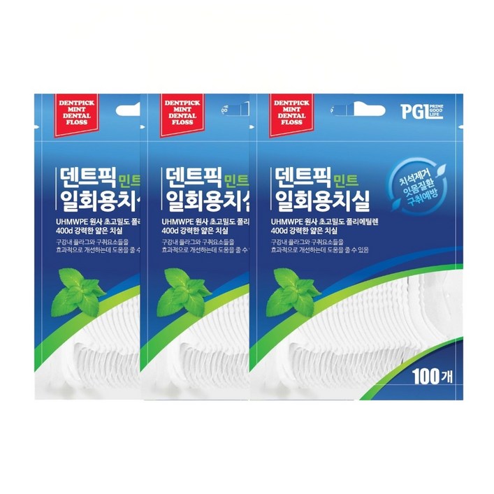 입냄새OUT 민트향IN 덴트픽 민트 일회용치실, 3개, 100개입