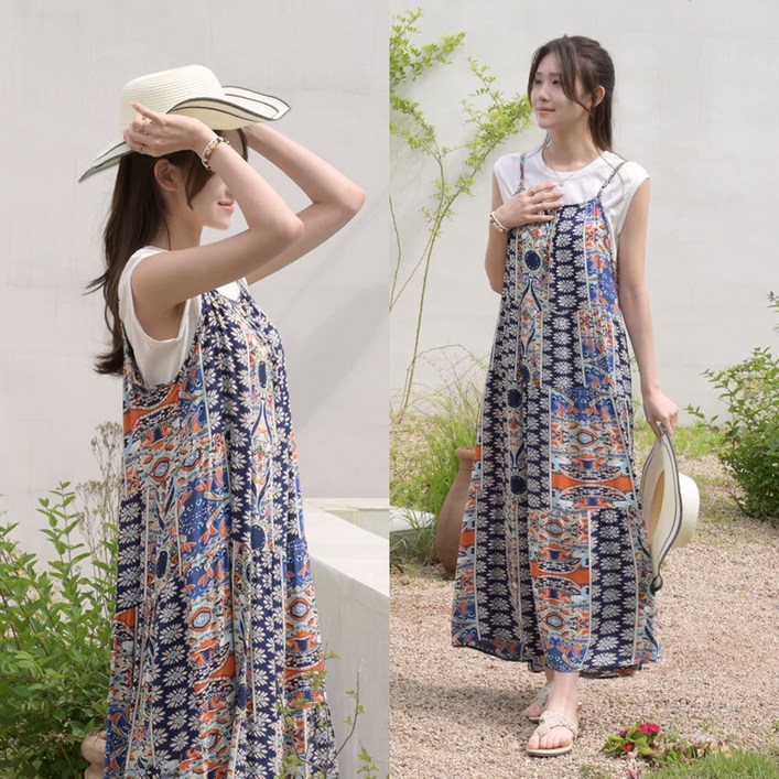 데일리앤 여름 바캉스룩 휴양지 플라워 나염 끈나시 뷔스티에 롱 원피스 모음