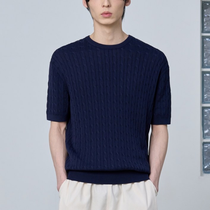 7차 리오더세탁기 사용 가능 코튼 모달 워셔블 크루넥 케이블 니트 여름 반팔 반소매 시원한 여름니트 꽈배기 패턴