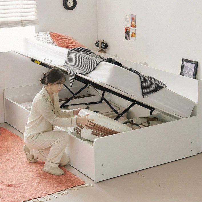 상일리베가구 플로 무헤드 반자동 리프트업 수납 침대프레임 SS슈퍼싱글, 화이트