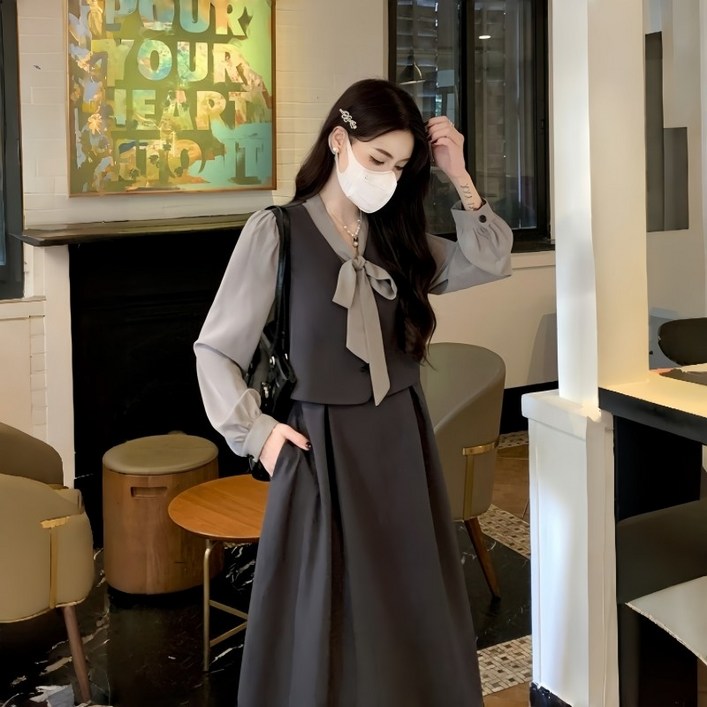 여성 봄 가을 빅사이즈 루즈핏 롱 원피스 프렌치 우아한 하객룩 원피스