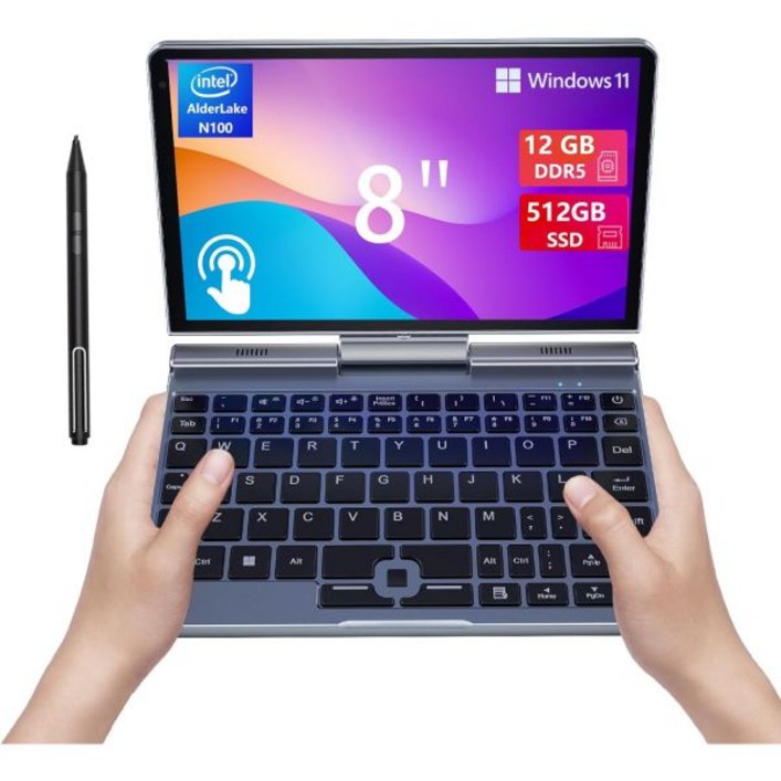 8인치 미니 노트북 HD 터치스크린 휴대용 2in1 컴퓨터 기업 및 학생을 위한 Windows 11 Pro 소형 노트북Intel N100 12GB LPDDR5 1TB M.2 S