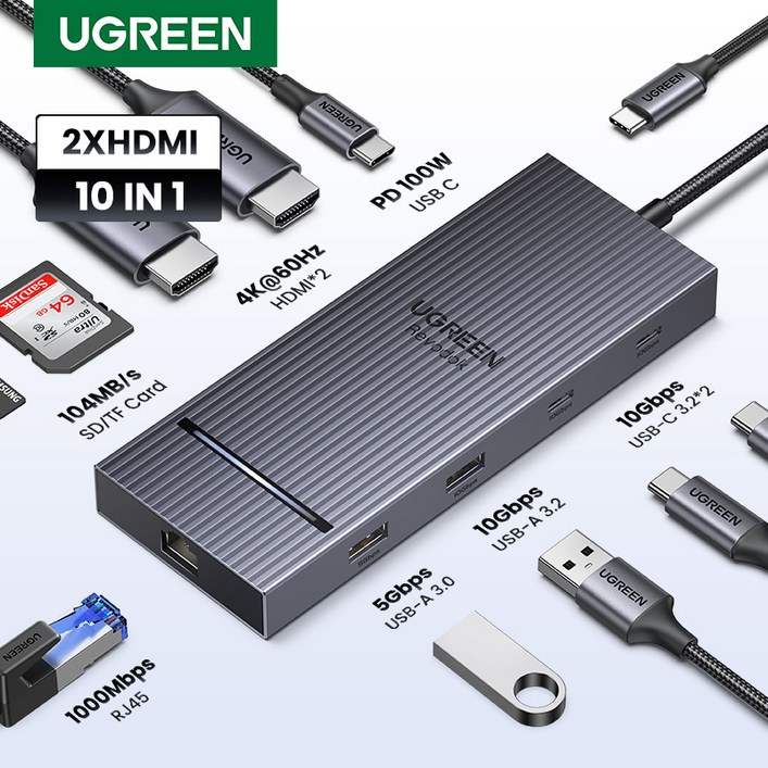 UGREEN 유그린 Revodok Pro 10 in 1 USB C 도킹 스테이션 듀얼 4K60Hz 디스플레이 USB C 멀티허브 10Gbps PD100W USB C 허브, 1개, Grey, CM886