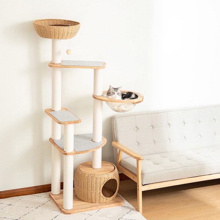 캣타워 우드 고양이타워 스크래쳐 프리미엄 대형 강화 바스켓 투명해먹, 1개